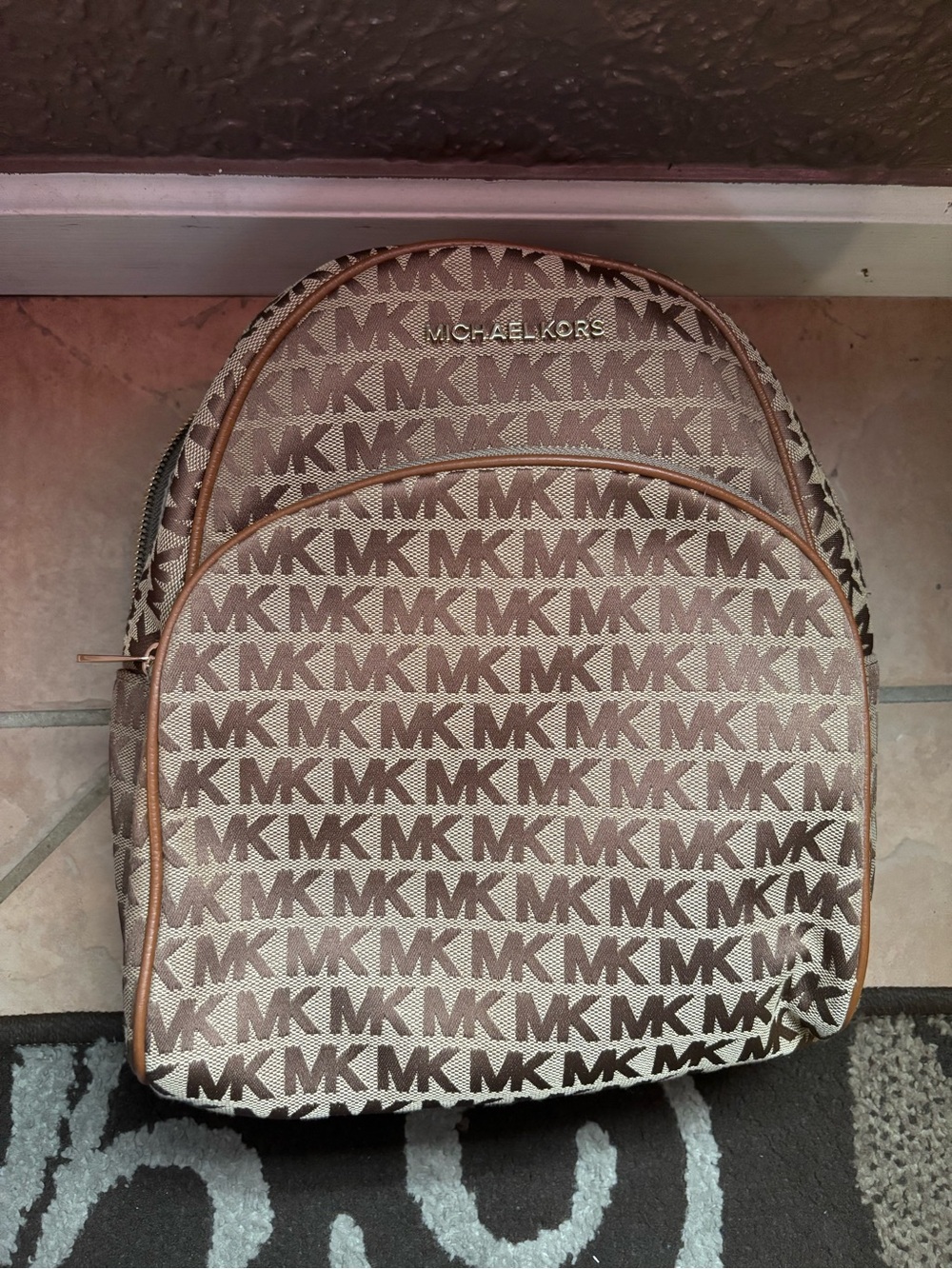 Michael Kors Tan and Brown MK Logo Backpack